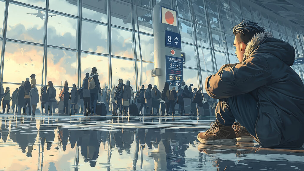 羽田空港に一人座っているガビ。初冬。