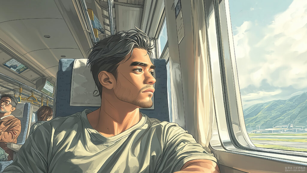 新幹線で京都へ向かうガビ。窓から外を眺めている。