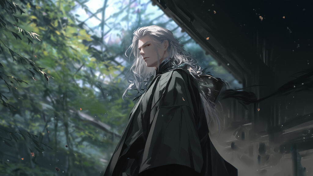 高埜木魂の立ち姿。京都の古刹の屋根の下。